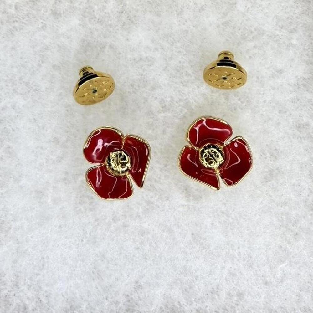 TORY BURCH FLEUR LOGO FLOWER STUDS EARRINGS IN RED